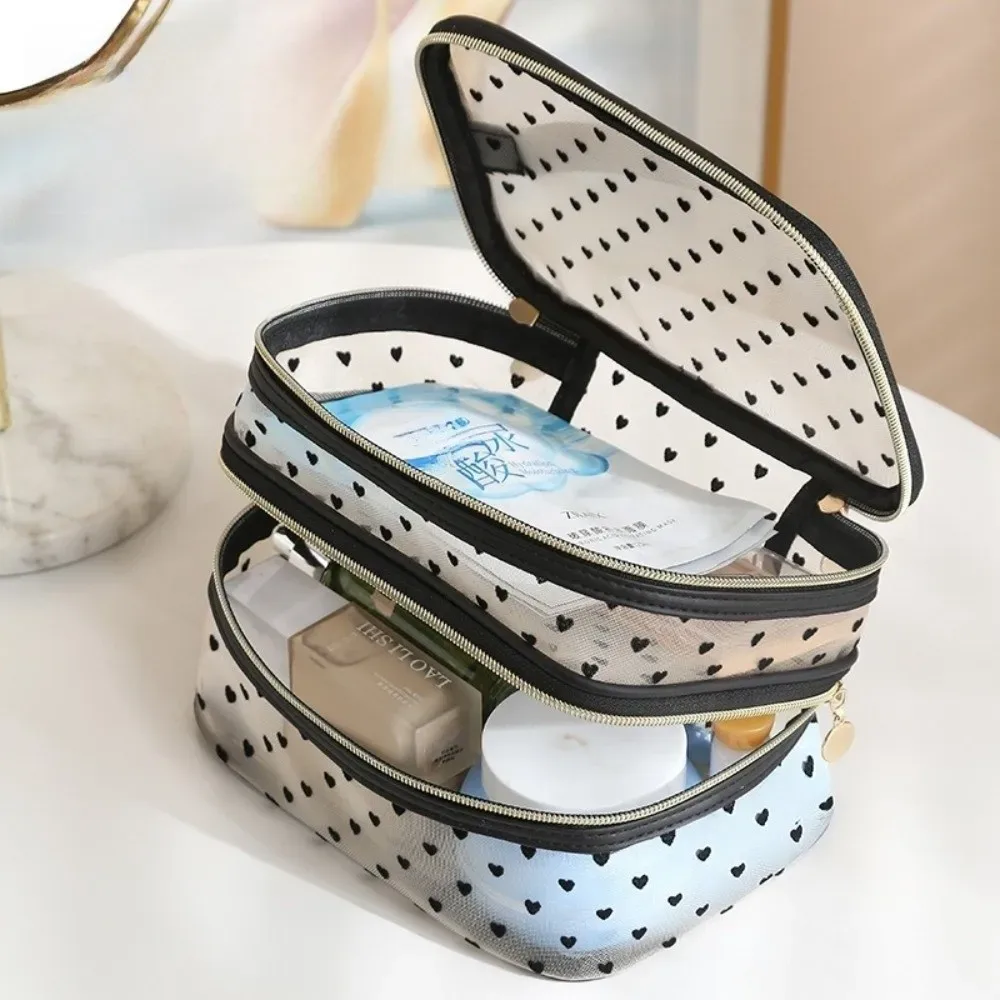 sac à cosmétiques en maille noire, double couche, grande capacité, pochette de rangement, fermeture éclair, sacs de toilette portables