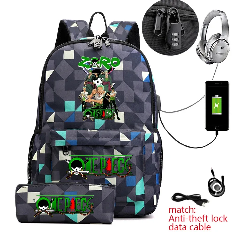 sac à dos d'école imprimé one piece zoro, antivol, pour enfants et adolescents, avec trousse à crayons