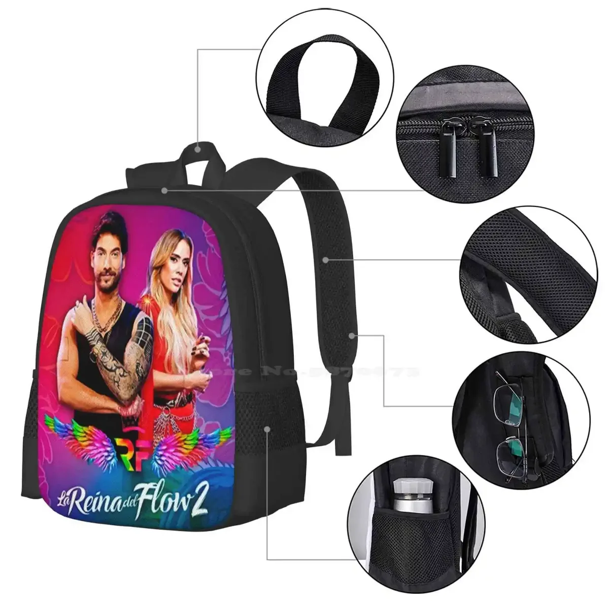 la reina del flow sac à dos scolaire de grande capacité, sacs pour ordinateur portable, cool retro vintage classic aesthetic colorful band music singer