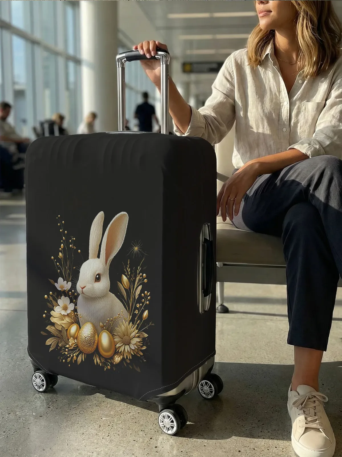 housse de bagage en forme de lapin blanc et de fleur, motif œuf d'or de pâques, convient aux bagages de 18 à 32 pouces, protège-poignée de bagage, accessoires de voyage