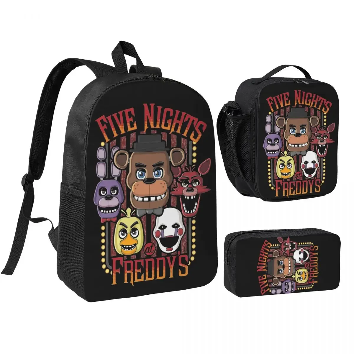 3pecs/ensemble glamrock fnaf sac à dos de jeu vidéo pour étudiant retour à l'école sacs en toile sac à déjeuner trousse à crayons