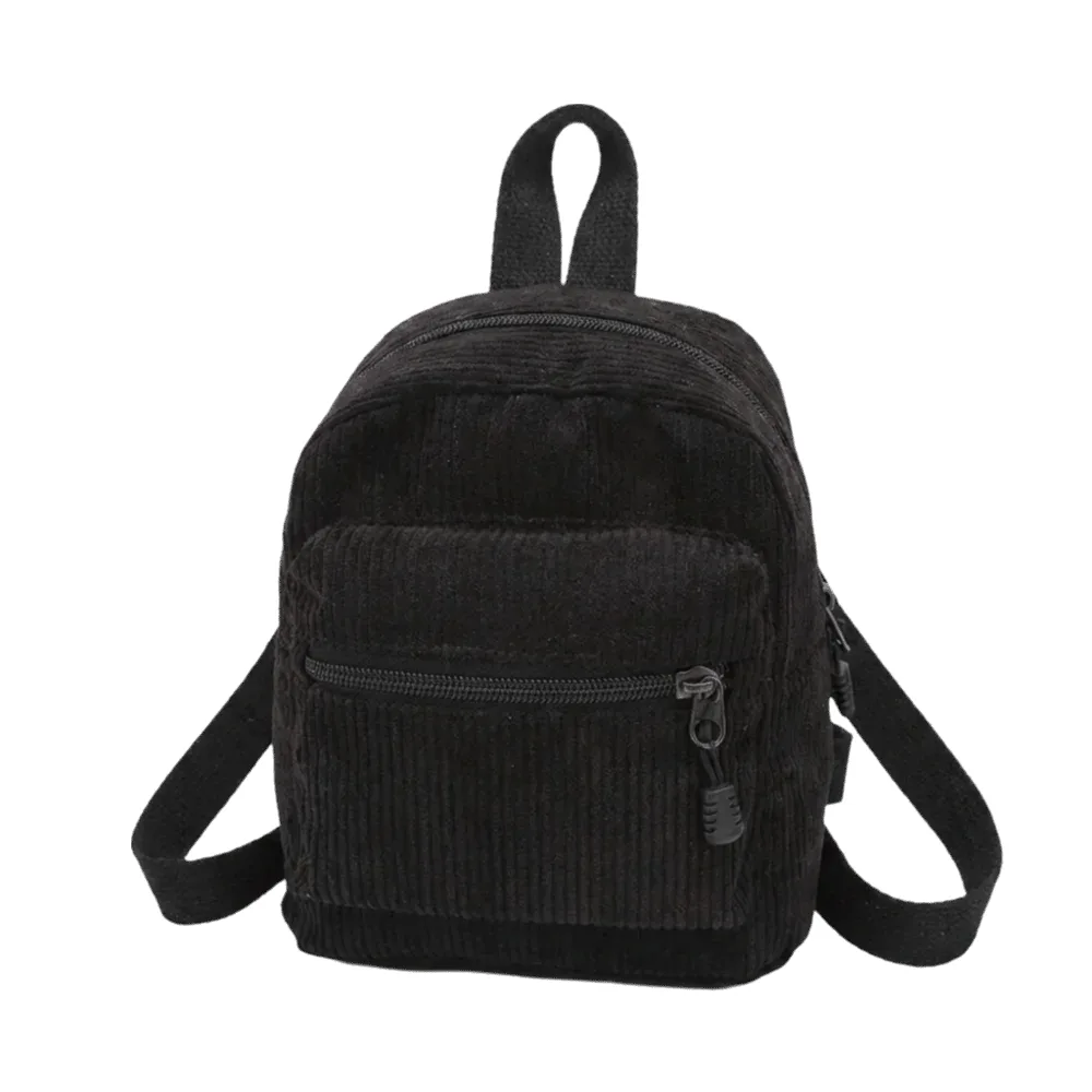 mini sac à dos polyvalent en velours côtelé de couleur unie, léger, avec fermeture éclair, double bandoulière, portable, multi-poches, sac à dos de jour, décontracté, pour voyage