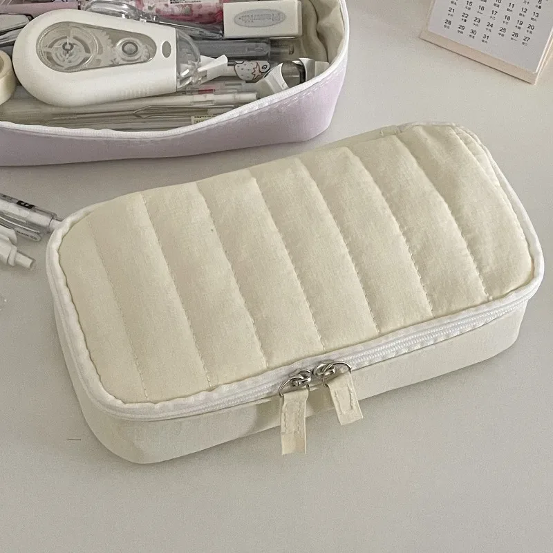trousse à crayons en tissu doux matelassé, couleur unie, avec fermeture éclair, sac de rangement portable multi-usages pour étudiants et maquillage