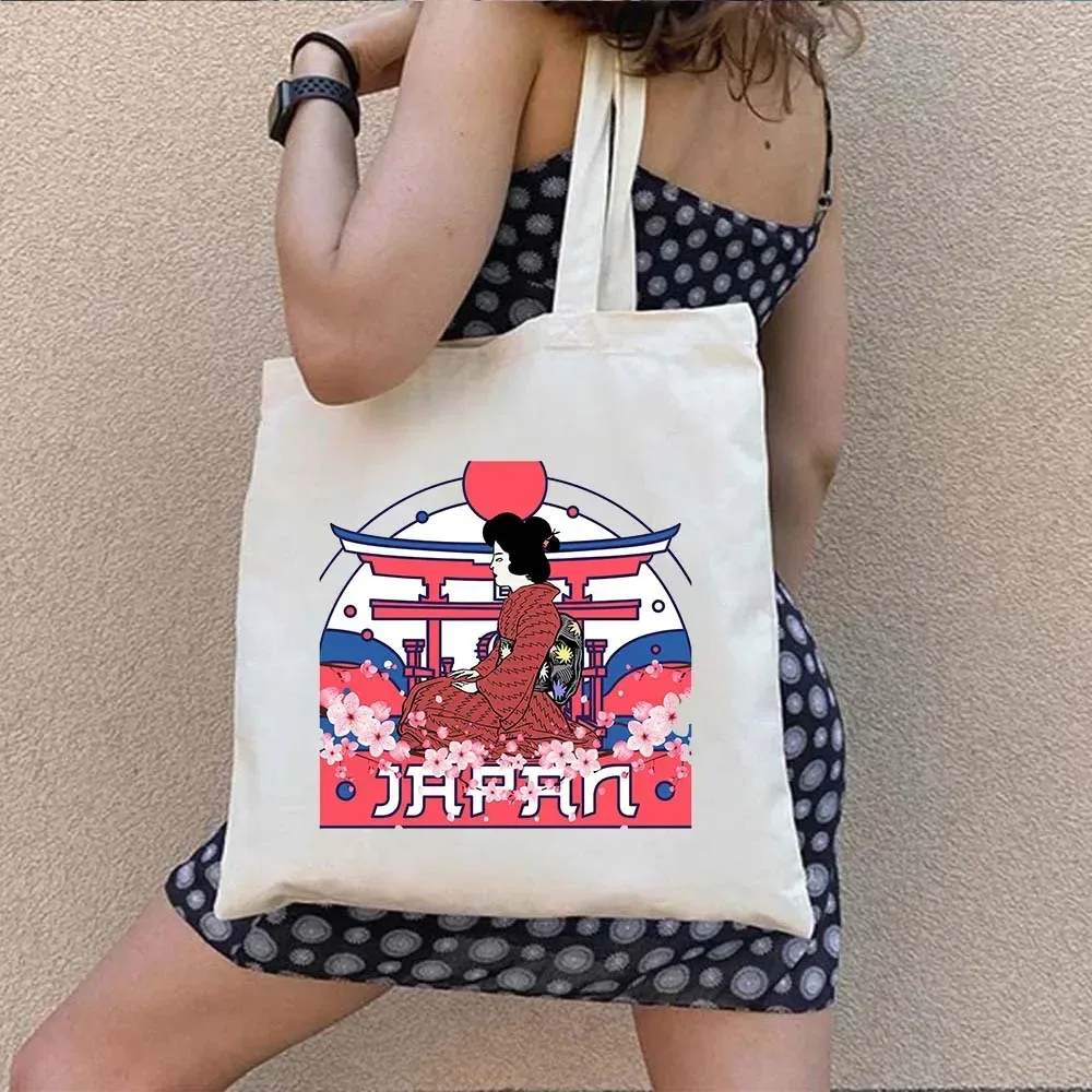 sac fourre-tout en toile à bandoulière pour le shopping, motif maneki neko, chat porte-bonheur japonais mignon, style mont fuji, style japonais, geisha de kyoto, tokyo japon