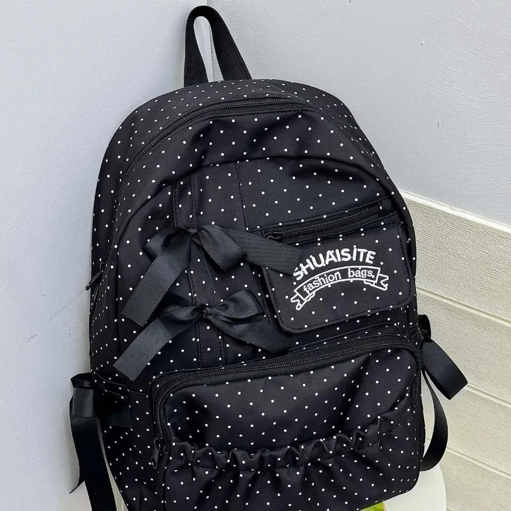 sac à dos en nylon à pois avec nœud, grande capacité, fermeture éclair, sac d'école multi-compartiments, doublure en polyester, sac à dos de voyage pour l'extérieur