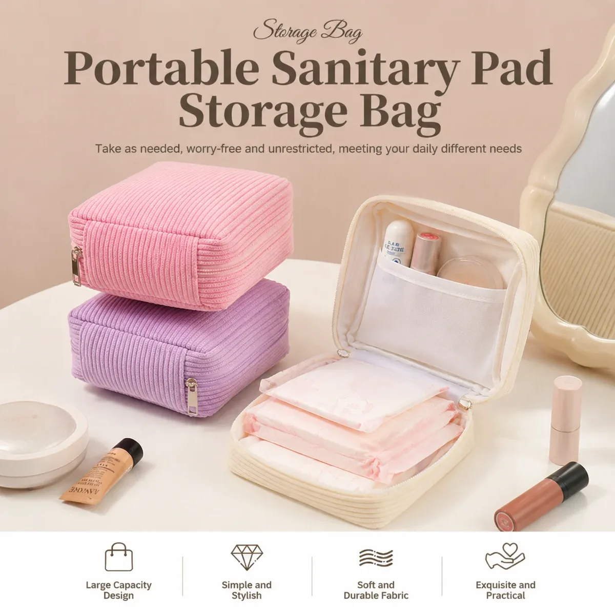 Mini trousse de toilette, trousse d'urgence, trousse à cosmétiques esthétique, petite trousse de maquillage, trousse à serviettes hygiéniques en velours côtelé pour femmes