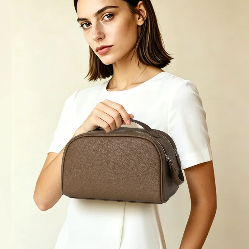 Trousse de toilette en cuir grainé pour femme, grande capacité, avec poignée, idéale pour les voyages et l'usage quotidien