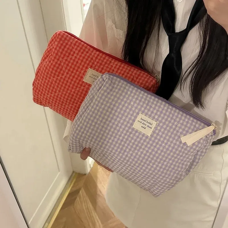trousse de maquillage en coton de grande capacité pour femmes, sac de rangement pour brosses à carreaux, trousse de toilette de voyage douce et mignonne, organisateur doux décontracté pour dames