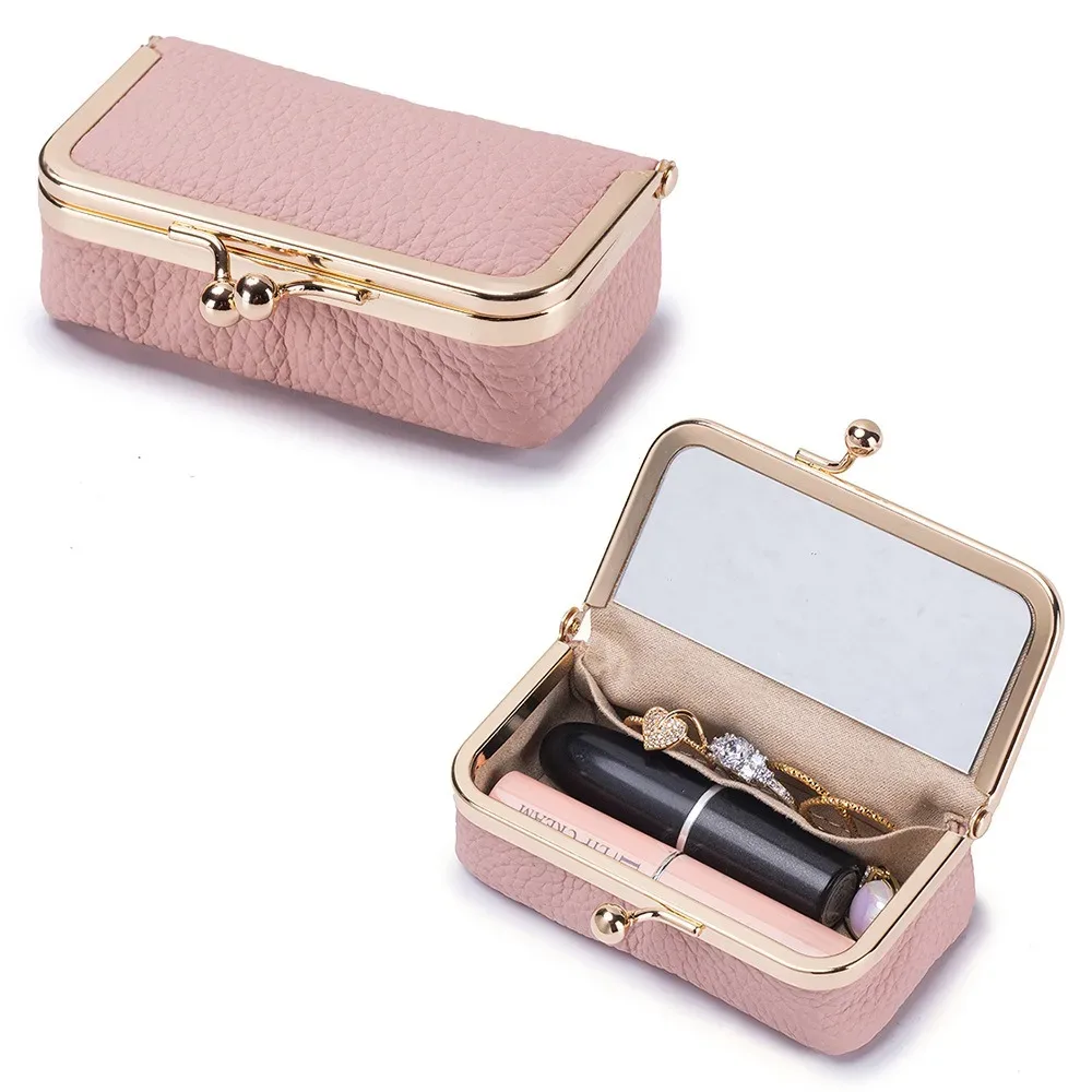 pochette à rouge à lèvres portable avec miroir de maquillage, sac à bijoux en cuir exquis, anti-éclaboussures, sac cosmétique multifonctionnel, rangement