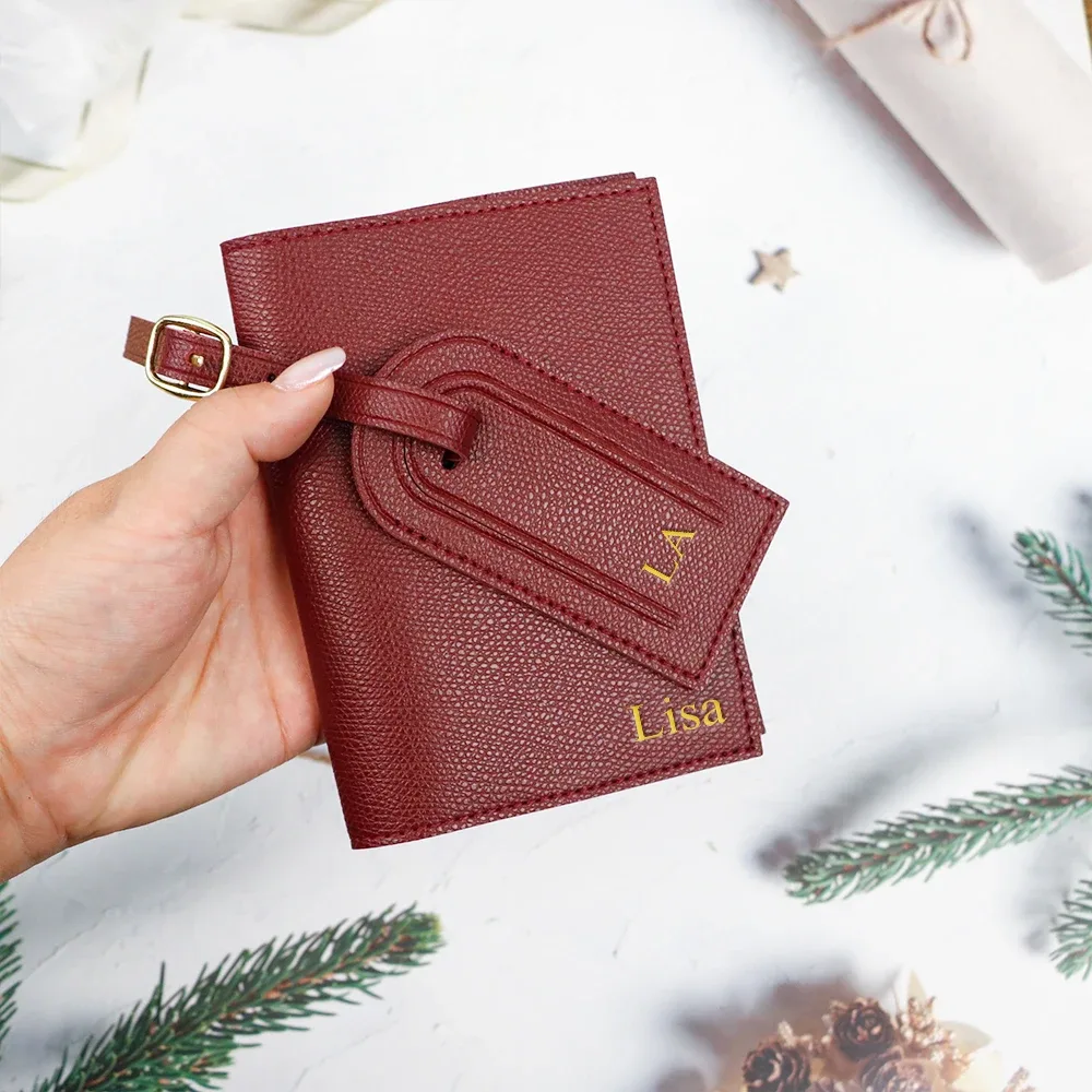 étiquette de bagage anti-perte en cuir pu personnalisée + ensemble de deux pièces pour porte-documents de voyage et porte-passeport