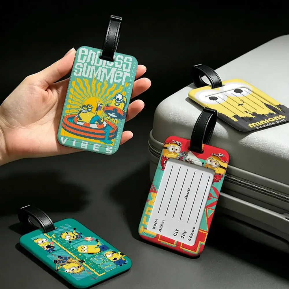 étiquette de bagage de voyage m-minions amusante et mignonne, couverture de carte d'information en pvc, marqueur de nom anti-perte pour sac à dos.