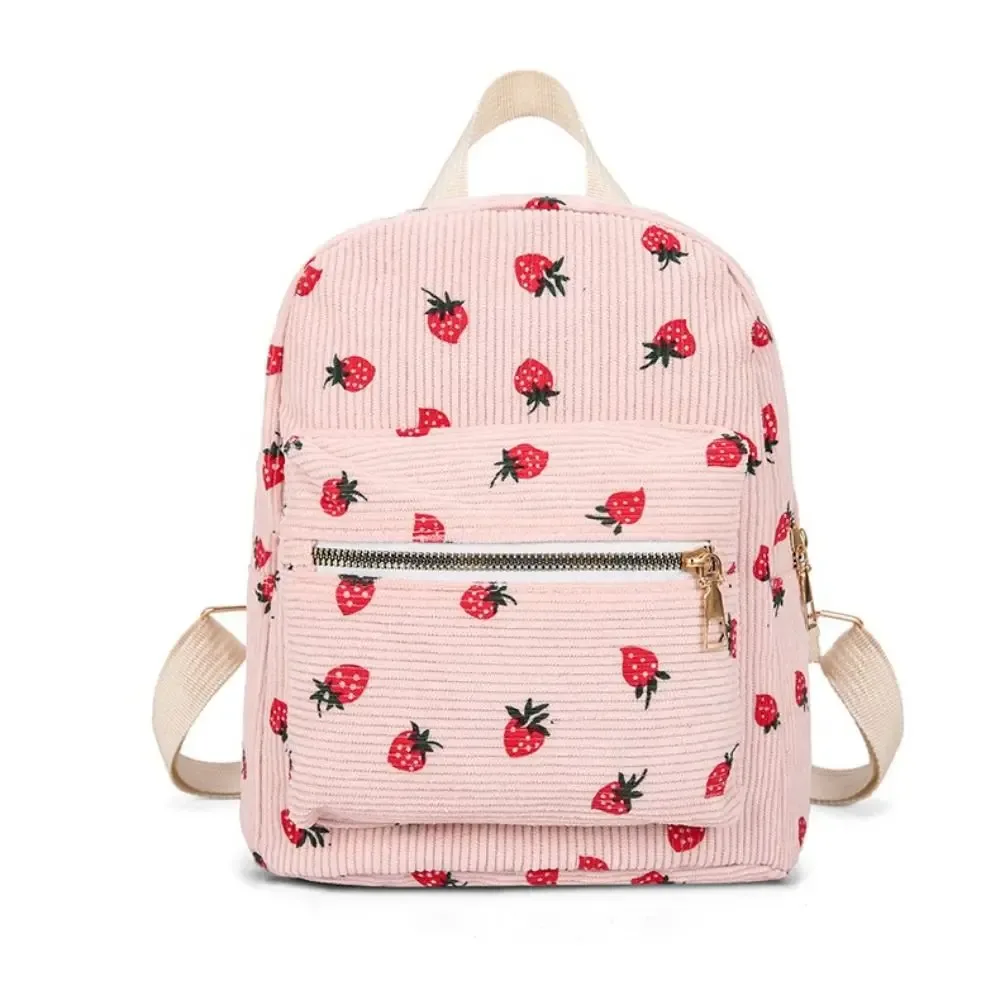 sac à dos fraise en velours côtelé, multi-poches, sangle réglable, sac à dos de voyage, grande capacité, motif fraise, sac à dos quotidien