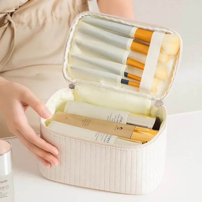 nouvelle trousse de maquillage portable de grande capacité en cuir pu de couleur unie pour femmes, sac de toilette de voyage, organisateur de cosmétiques