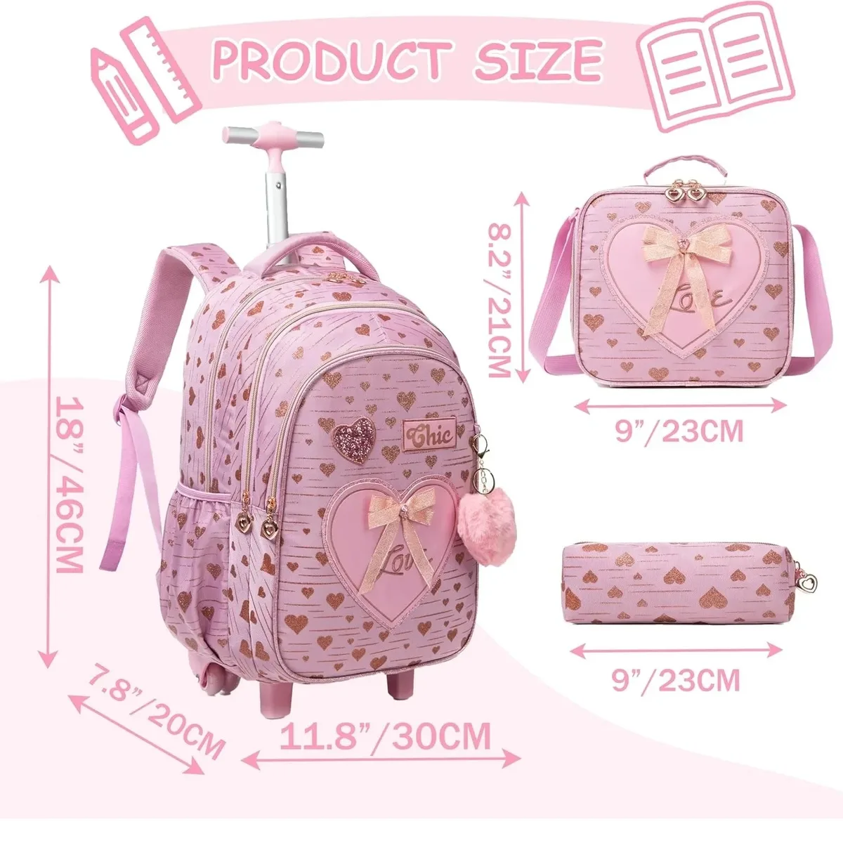 sac à dos à roulettes avec ruban nœud papillon pour enfants, sacs à dos mignons pour filles, sac à roulettes pour élèves du primaire