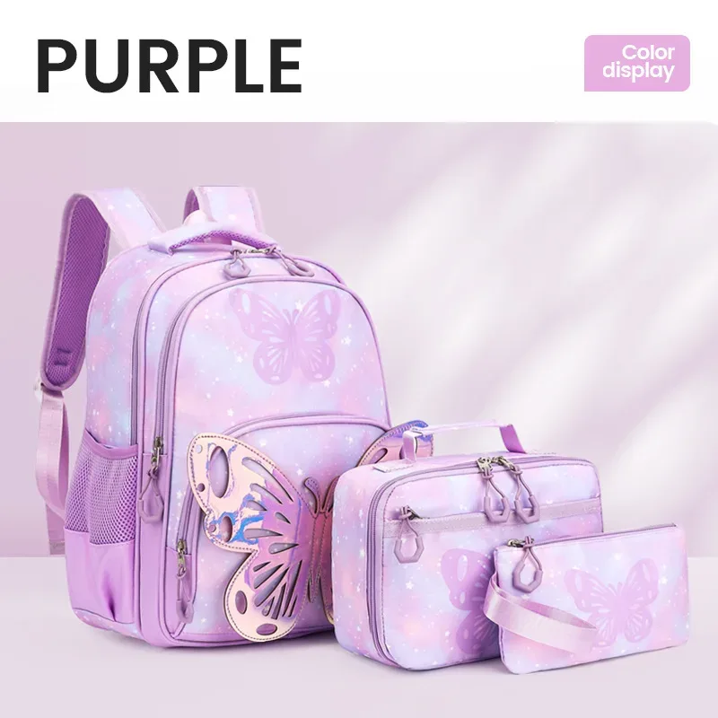 ensemble de sac à dos 3 pièces à motif papillon pour fille, sac d'école pour étudiant avec pochette fourre-tout, sacs à livres imperméables, ensemble de cartable de rêve kawaii