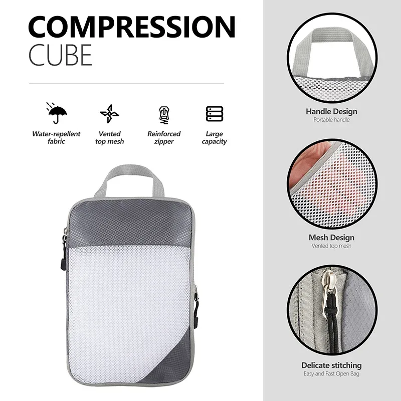 sac de rangement en nylon imperméable à compression de voyage portable, ensemble de pochettes de rangement à motif de grille visuelle pour l'organisation du voyage