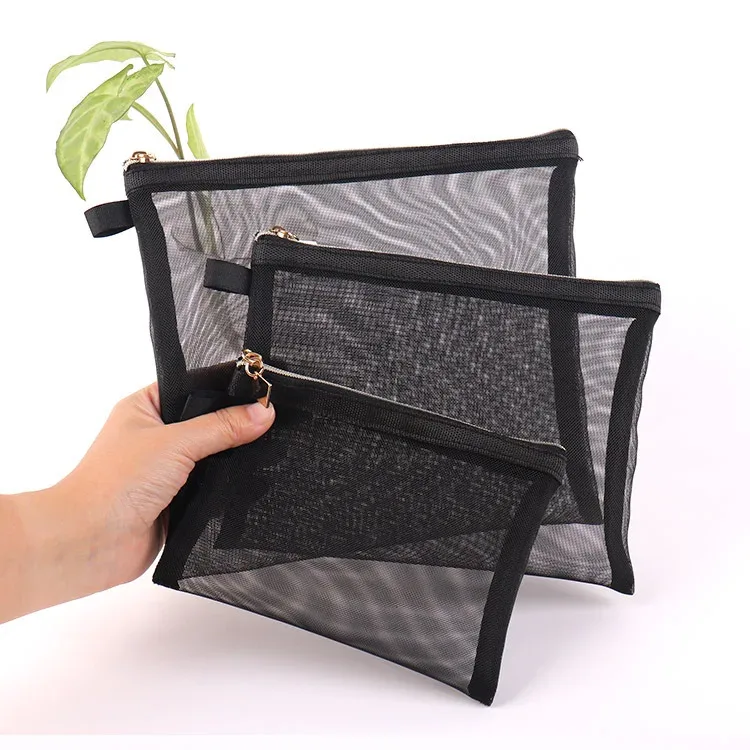 sacs à cosmétiques transparents en maille, trousse de maquillage noire, trousse de rangement portable, trousse de voyage en plein air, rouge à lèvres, poudres, cadeaux, taille s, m, l, 3 pièces