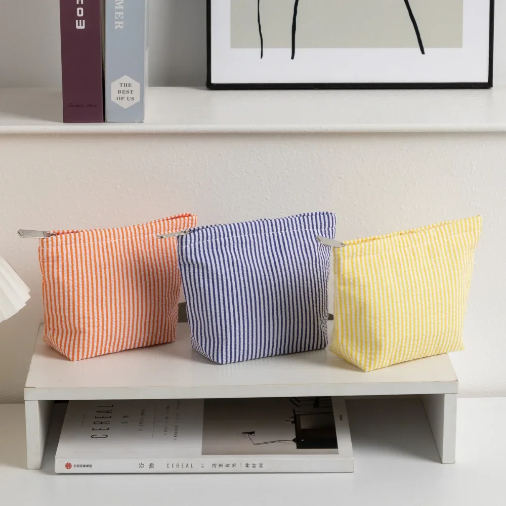 petits sacs à cosmétiques à la mode, sacs de rangement à rayures verticales pour femmes, sacs de maquillage avec fermeture éclair, sac de rangement de voyage portable