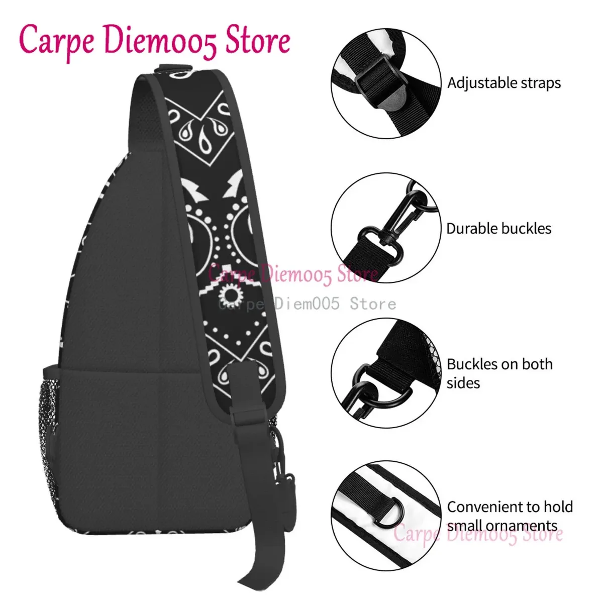 sac à dos bandana paisley chicano noir et blanc pour hommes, sac à bandoulière pour la randonnée