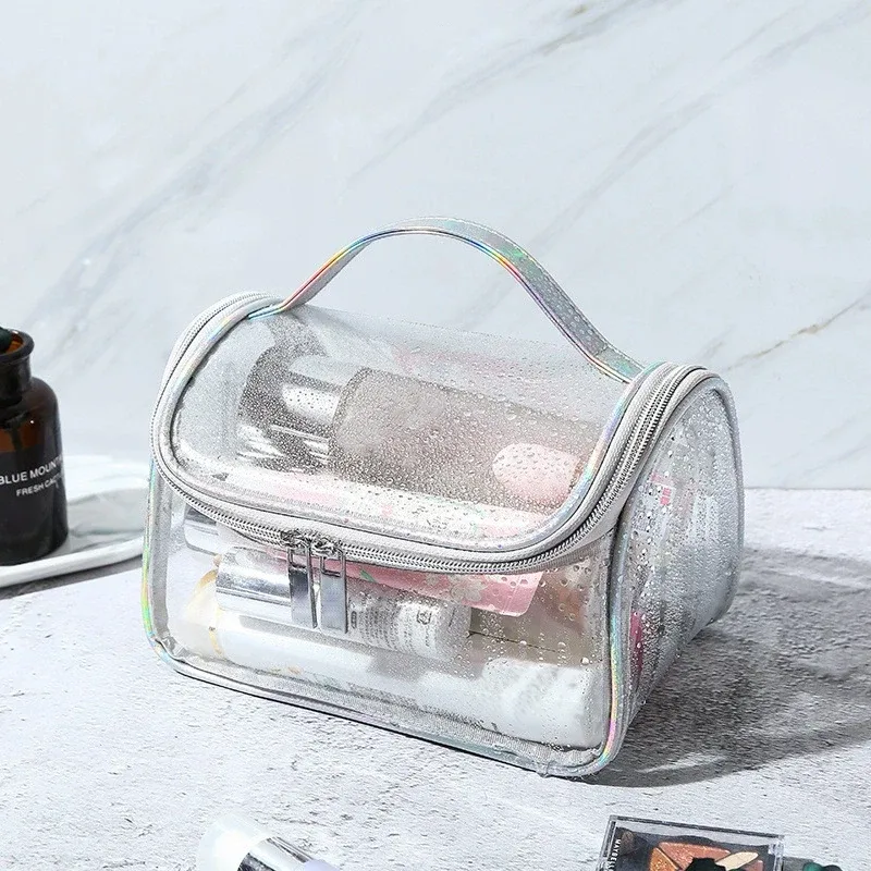 sac de maquillage transparent en pvc imperméable, trousse de toilette de voyage transparente, sac de rangement cosmétique à fermeture éclair de grande capacité