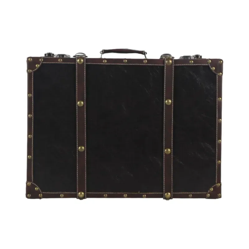 coffre en cuir vintage avec accents en bois, mallette de rangement de voyage, boîte à bagages antique pour décoration de maison, cadeau de mariage de luxe