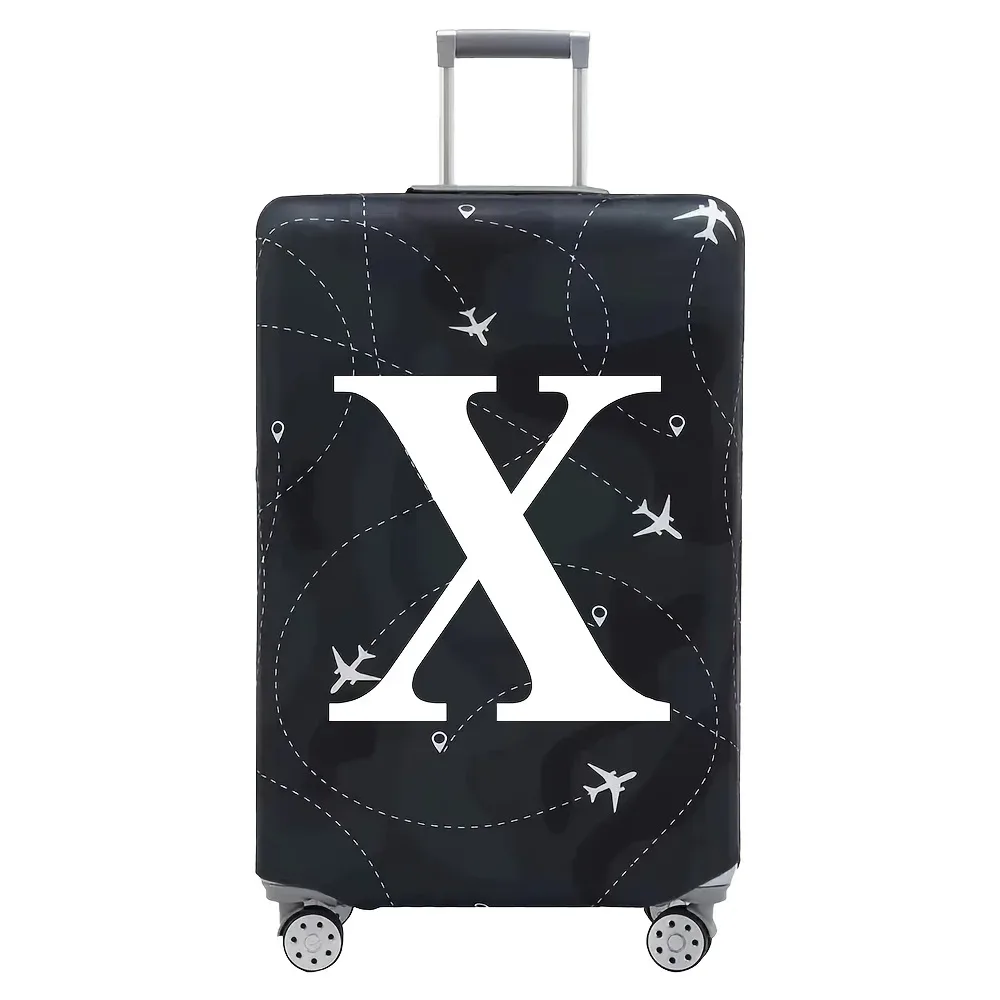 cette housse de valise extensible s'adapte aux valises de 18 à 32 pouces et présente un motif de lettres a-z blanches imprimé sur la surface.