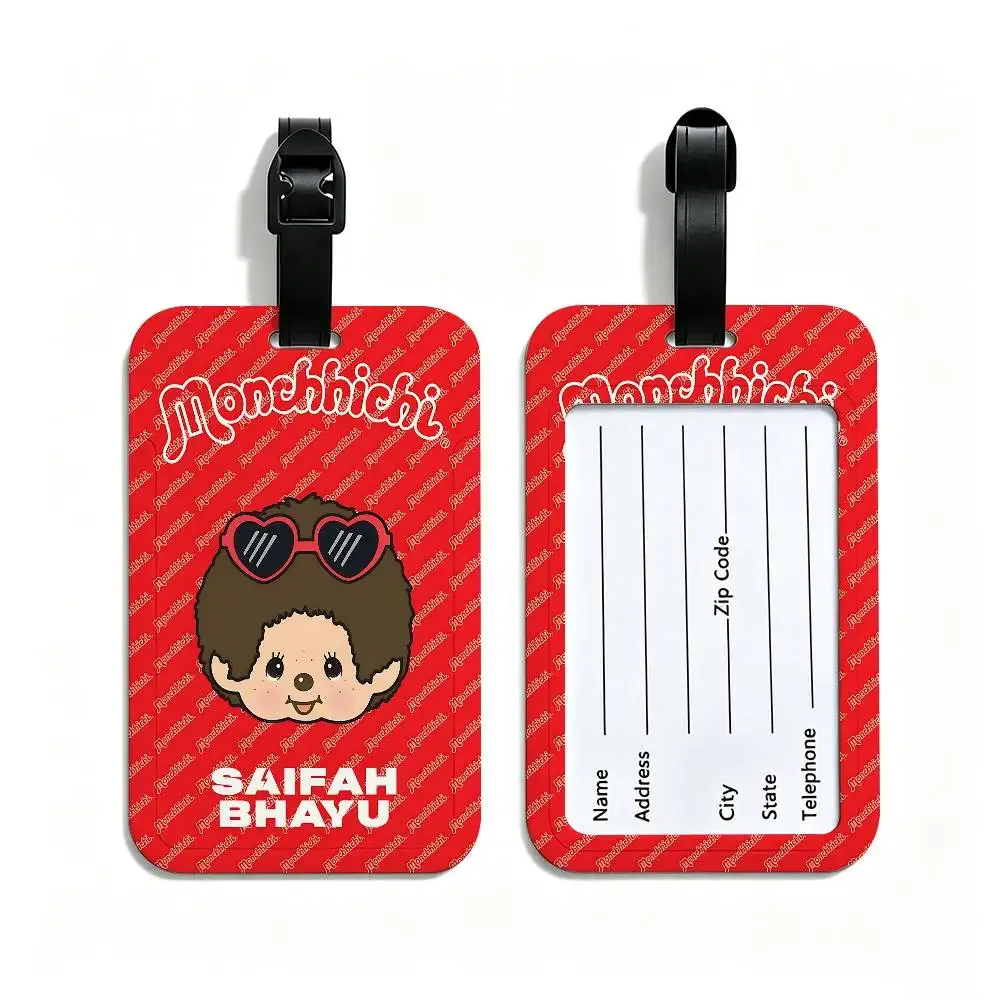 étiquette de bagage de voyage en pvc, motif dessin animé lawaii anime m-monchhichi, avec porte-carte d'informations et marqueur de nom anti-perte pour sac à dos.
