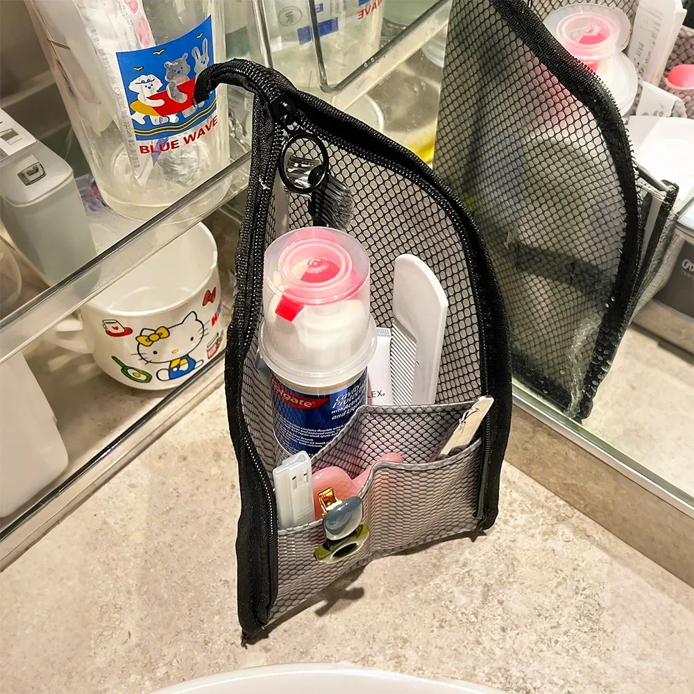 sac de maquillage de voyage pliable avec porte-brosse à dents - organisateur cosmétique imperméable de grande capacité, pochette de rangement en maille suspendue