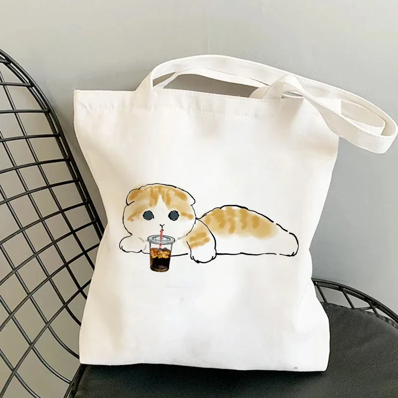 sac kawaii sac blanc sacs porté épaule sacs à provisions sacs à bandoulière en toile pour filles, sac de shopping à la mode, kawaii chats animaux mignons, sac de shopping, fourre-tout décontracté