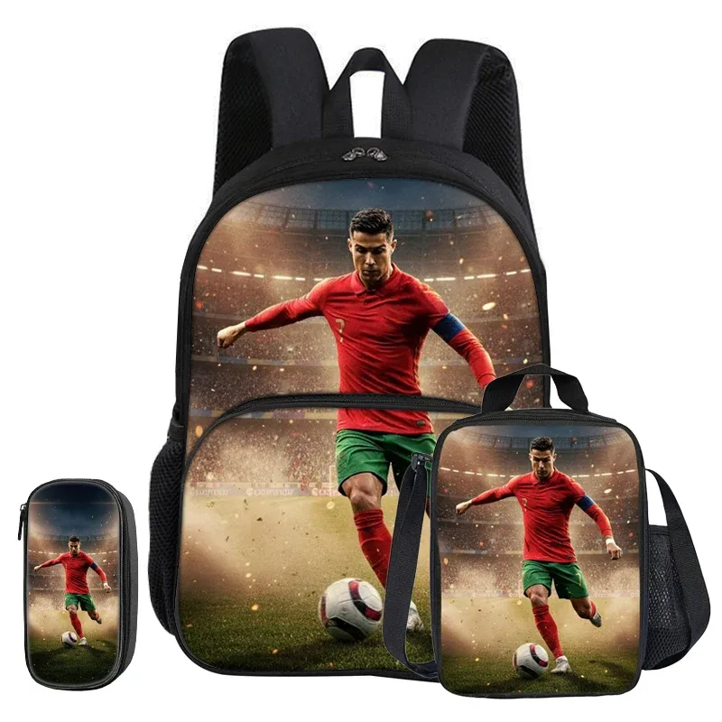 ensemble ronaldo 3 pièces avec sac à dos à poche frontale, sac isotherme pour le sport et le football, et trousse à crayons cr football star