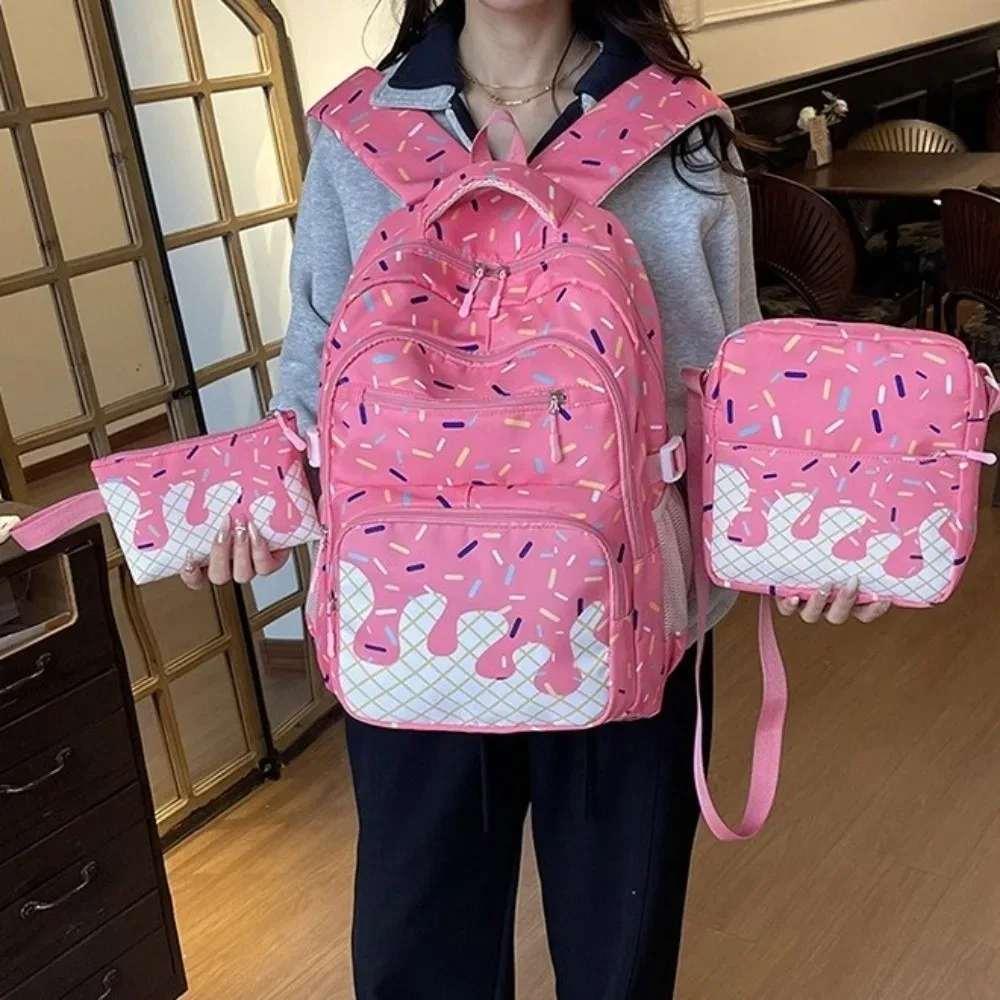 Ensemble de sacs à dos en tissu Oxford imprimé crème glacée avec trousse à crayons, sac à dos de grande capacité avec sac bandoulière et sac fourre-tout assorti.