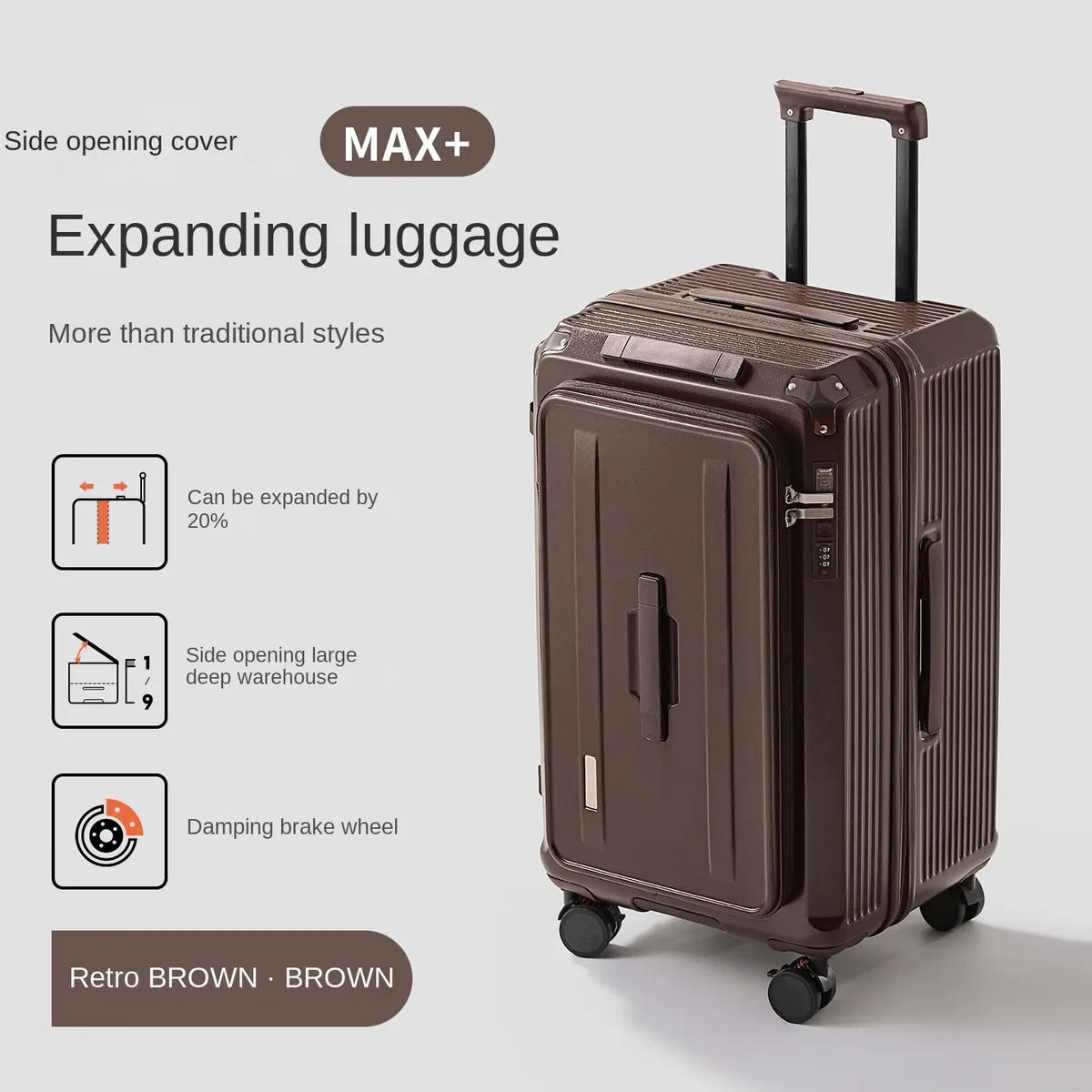 valise de voyage à ouverture latérale, 20 pouces, extensible, 20%, 24-28 pouces, grande capacité, valise de voyage, serrure à combinaison, boîtier de chariot