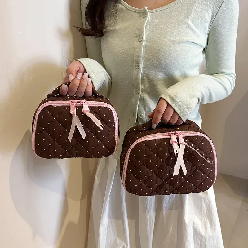 Pochette de maquillage pour femme à pois, en coton matelassé, motif imprimé, sac de rangement pour maquillage, trousse de toilette de voyage