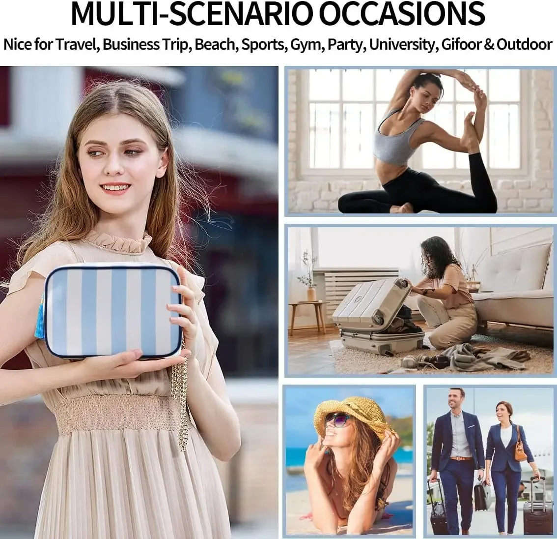 grande trousse de maquillage portable rayée pour femmes, avec fermeture éclair et pompon, grande capacité, sac fourre-tout décontracté avec fermeture éclair