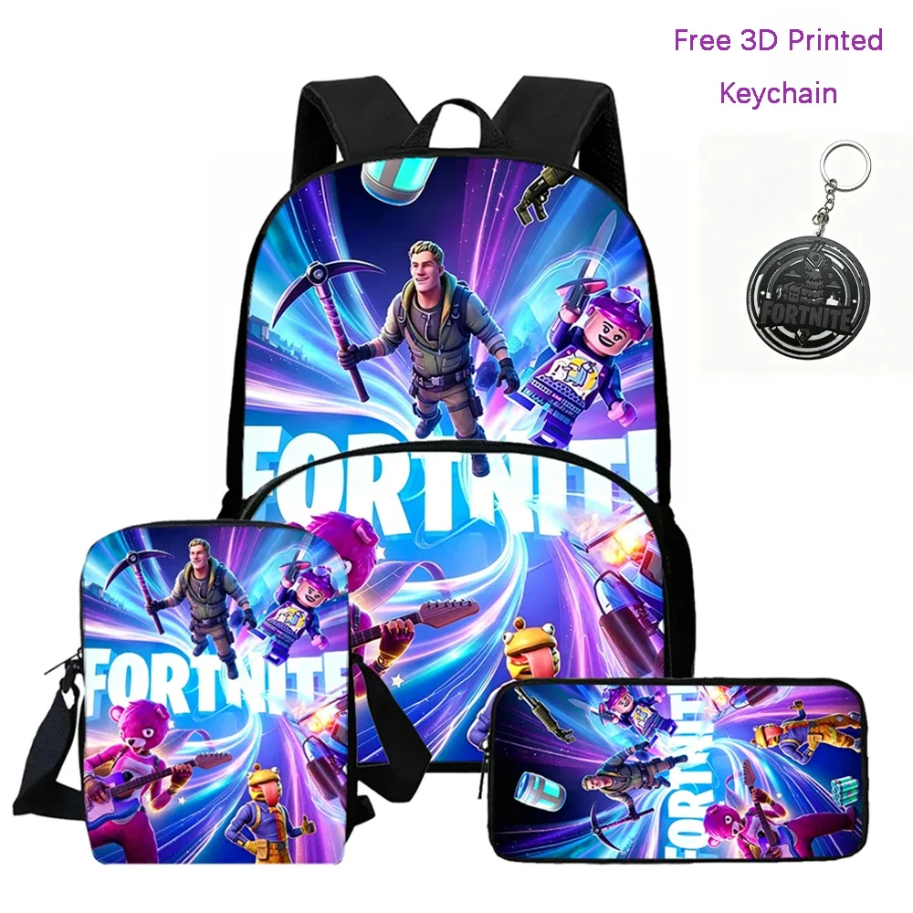 fortnite – sac à dos léger avec poche avant, sac bandoulière et trousse à crayons, pour garçons et filles de 5 à 10 ans, porte-clés imprimé en 3d gratuit, 3 pièces