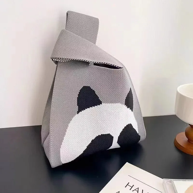 sac à main en tricot fait à la main pour femme, mini sac de poignet à nœud, sac fourre-tout à carreaux à large rayure, sacs à provisions réutilisables pour étudiants, document décontracté japonais