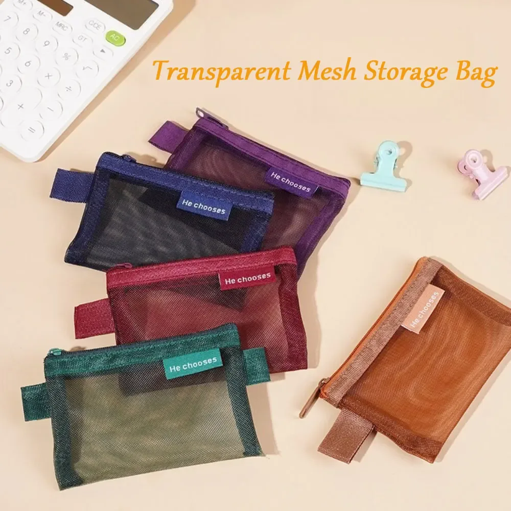 Sac de rangement minimaliste en maille de Nylon pour petits articles, pochette de voyage Portable, couleur unie, lavable à la main, sacs à cosmétiques légers, 1/5 pièces