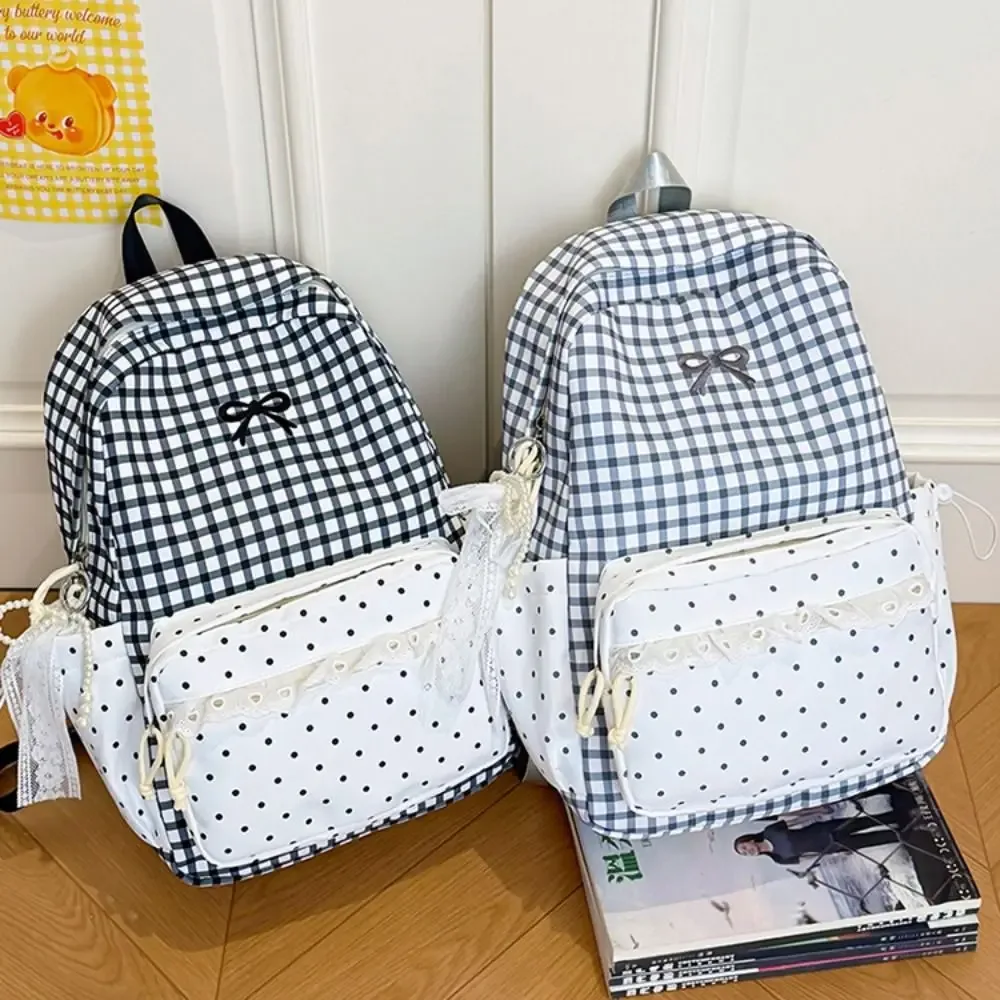 Sac à dos mignon et adorable à pois, avec nœud, bordure en dentelle minimaliste, motif à carreaux, sac d'école pour étudiant, cadeau
