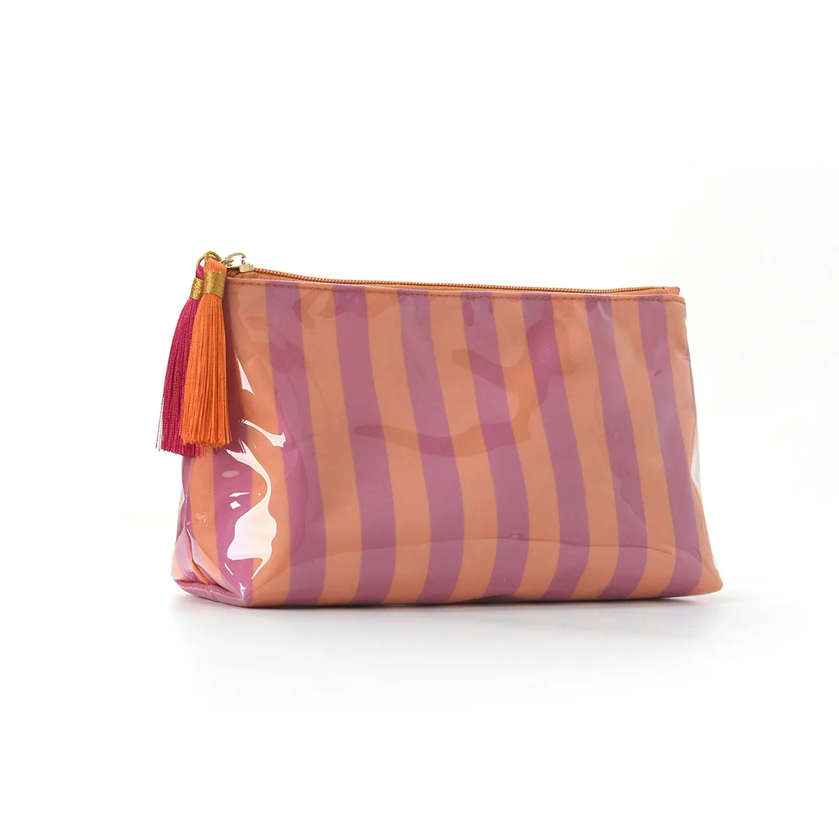 trousse de maquillage classique rayée avec fermeture éclair à franges, sac de voyage pour articles de toilette et soins de la peau, étui à pinceaux en pvc, organisation de voyage
