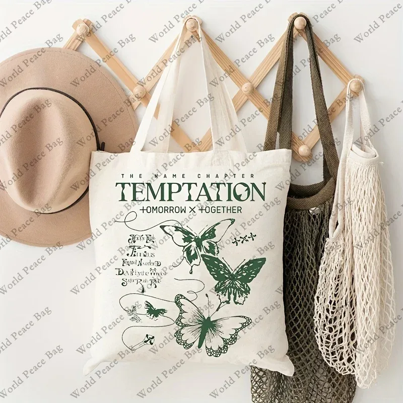 sac fourre-tout papillon mignon à motif de tentation, sac fourre-tout cadeau pour fans de kpop, sac à bandoulière décontracté en toile à la mode, sac de shopping