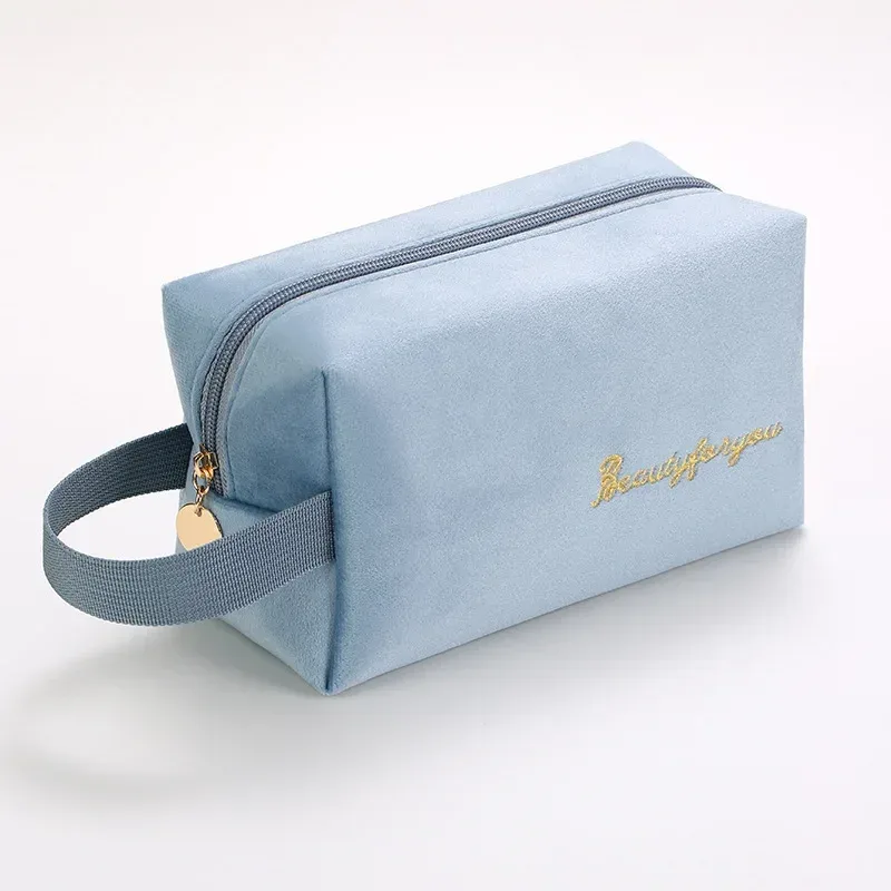 trousse de maquillage en peluche, trousse à cosmétiques pour femmes, grande trousse de toilette de voyage de couleur unie à fermeture éclair, pochette de lavage de beauté