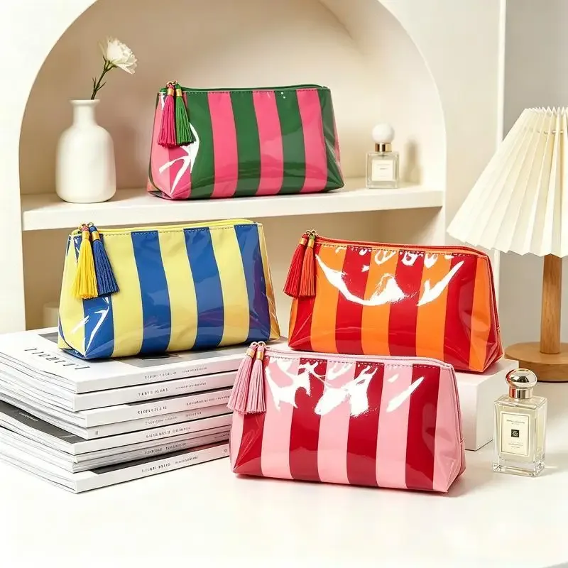 Pochette cosmétique rayée en PVC avec franges et fermeture éclair, trousse de toilette imperméable pour voyage, étui pour pinceaux de maquillage