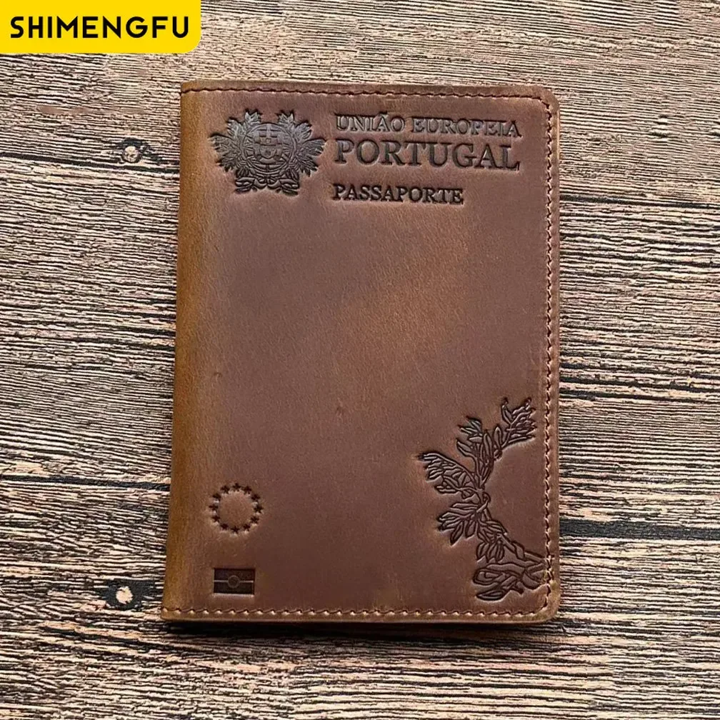 couverture de passeport unisexe en cuir véritable, porte-passeport portugais rétro vache, étui de protection, portefeuille de voyage