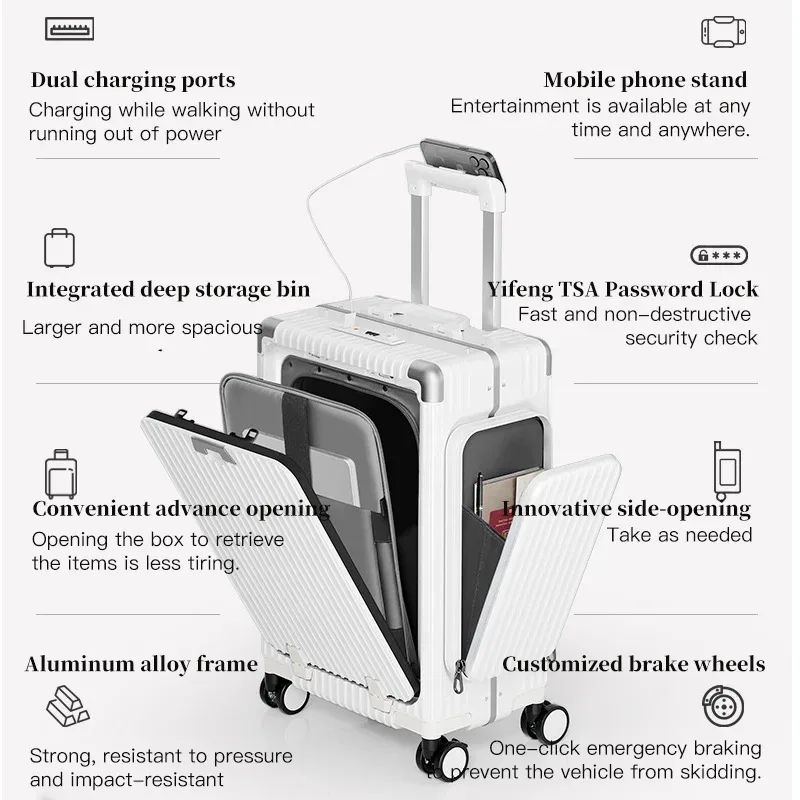 valise multifonctionnelle à ouverture frontale à trois ouvertures, nouveau style, matériau pc de 20 pouces avec poches doubles latérales, tra de grande capacité