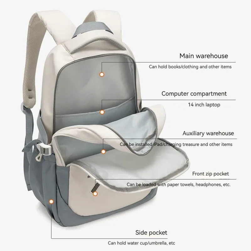 sac à dos de voyage en toile léger et simple de grande capacité, sac à dos décontracté en nylon imperméable, sac à dos pour ordinateur portable 15/16 pouces