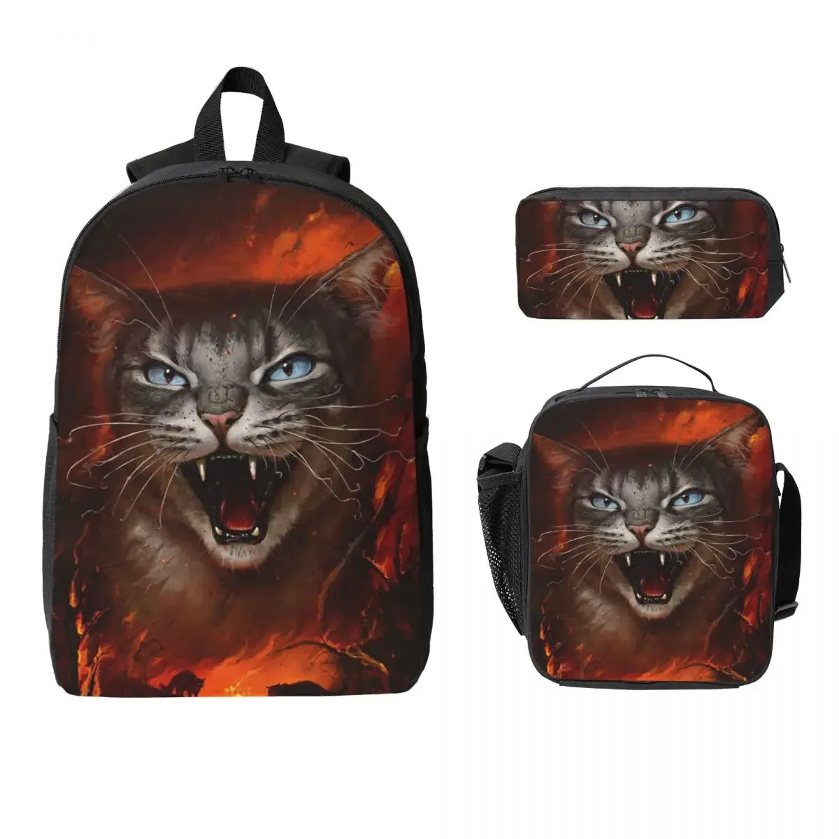 guerrier chats couleur roue sac à dos étudiant garçons filles bookbag sac d'école ordinateur portable sacs à bandoulière 3ps sac à déjeuner isolé trousse à crayons