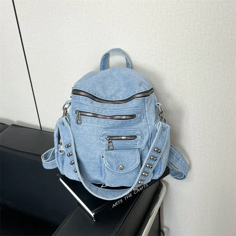 sac à dos décontracté en jean délavé à double bandoulière avec rivets, respirant, capacité 20-35l, idéal pour les cours, les trajets quotidiens et la rentrée scolaire