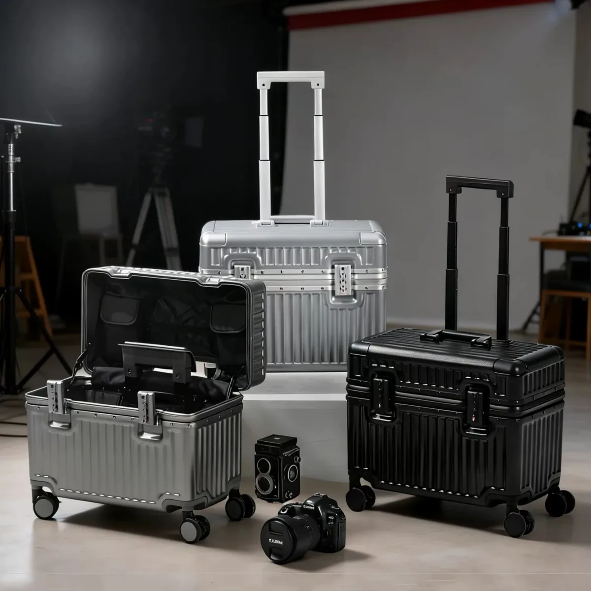 valise à ouverture par le haut 18 pouces, bagage à main pour voyageur photographe, bagage à roulettes en matériau pc avec cadre en alliage d'aluminium et serrure tsa