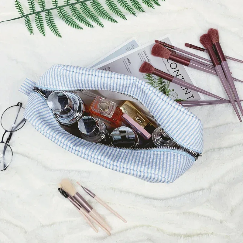 sacs à cosmétiques à rayures décontractés pour femmes, trousse de maquillage, sac de rangement de toilette de voyage léger pour dames, petits sacs à main carrés pour femmes