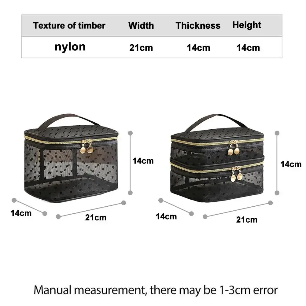sac à cosmétiques en maille noire à double couche, trousse de maquillage portable de grande capacité, pochette de rangement, sacs de toilette à fermeture éclair